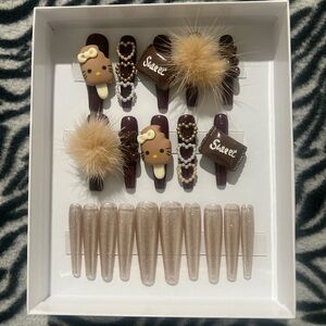 Cute Gold and Brown Kawaii Glitter Nails Set